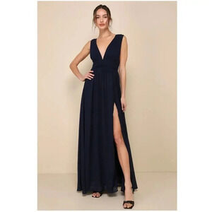 Love by Design Navy Gown Maxi Dress Formal Sz L Graduation Wedding Guest Slit